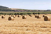 Agricultural landscape after wheat harvest with straw swath and round bales, Lorraine, France