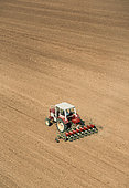 Aerial view of sowing with 8-row precision drills for maize, beet or oilseed rape, France