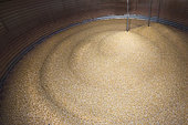 Corn grain drying plant in galvanized silos with mixing screws. Interior of a cell. Boilers are fuelled by wood chips, fuel oil or gas, France