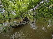 Kayaker and photographer Pierre Vernay, during a major flood on the Loire. Arm crossing the island of Cosne, Nièvre, France