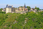 Medieval town that defied William the Conqueror, perched on a 70-metre rocky outcrop. Today, it's one of France's most beautiful villages, a small town full of character. photo taken from the Tertre Ganne site, Sainte-Suzanne, Mayenne, France