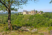 Medieval town that defied William the Conqueror, perched on a 70-metre rocky outcrop. Today, it's one of France's most beautiful villages, a small town full of character. photo taken from the Tertre Ganne site, Sainte-Suzanne, Mayenne, France