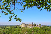 Medieval town that defied William the Conqueror, perched on a 70-metre rocky outcrop. Today, it's one of France's most beautiful villages, a small town full of character. photo taken from the Tertre Ganne site, Sainte-Suzanne, Mayenne, France
