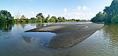 Panoramic landscape of riparian vegetation and sandbanks on the Allier River, France