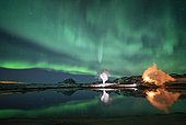 Aurora borealis over the geothermal zone of Mývatn, Iceland