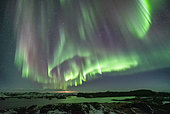 Aurora borealis over the geothermal zone of Mývatn, Iceland