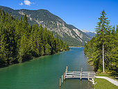 Lake Heiterwanger See, view towards lake Plansee in the Ammergau Alps. Europe, Central Europe, Austria, Tyrol