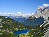 Lake Seeben See view twoards Ammergau Alps, Wetterstein range and Mt. Zugspitze. Mieming mountain range near Ehrwald in Tyrol. Europe, Central Europe, Austria, Tyrol