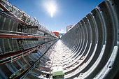 View inside the technical tunnel. The metal technical tunnel is designed to carry electrical cables supplying the station's main scientific areas. Concordia Antarctic Research Station, Dome C plateau, East Antarctica.
