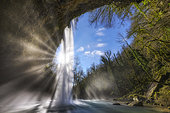 The Dorche waterfall in autumn, in the Bugey region. A tributary of the Rhone, the Dorche has been designated a "Wild River Site" along its entire length and main tributaries, Ain, France.