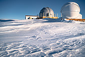 View of Concordia's "astronomy" zone, with its laboratory and two telescopes housed in domes. Concordia Antarctic Research Station, Dome C plateau, East Antarctica.