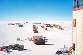 View of the Raid parking area from one of the station's two towers. Concordia Antarctic Research Station, Dome C plateau, East Antarctica.