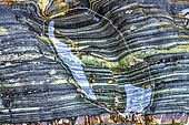 Graphics on rocks at low tide. Geological strata and shells form natural tableaux at low tide - Playa del Silencio on the Asturias coast in Spain