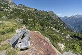 Bench at lake di Starlaresc da Sgiof, upper Verzasca valley, Ticino, Switzerland, Europe