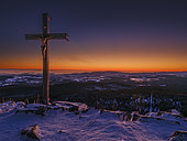 View from Mt. Lusen with its summit cross. Winter on Mt. Lusen in the National Park Bavarian Forest(Bayerischer Wald). Europe, Germany, Bavaria