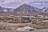 Gates of the arctic National Park. Anaktuvuk pass village (670 m), Nunamiut Inupiat Inuit village (inhabitants); the Inupiat live off the subsistence hunting of caribou that migrate along the John river or the Anaktuvuk river, religious slogans help to hold the community of 420 inhabitants together, Alaska, USA.