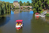 Electric boats on the Sarthe River in the Alpes Mancelles, Village of Fresnay-sur-Sarthe, Sarthe, France