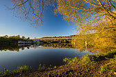 Landscape along the Meurthe: Moulin Noir bridge and hydroelectric dam (micro-power station), Champigneulles, Lorraine, France