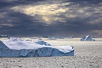 Iceberg and large fragments of drifting ice, here iceberg floating in front of the Antarctic Peninsula, climate melting global warming. Marguerite Bay, George VI Channel. Expedition below the South Polar Circle in Antarctica