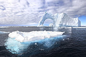 Icebergs and fragments of drifting ice, here an iceberg arch floating in the southern sea, climate ice melt global warming. Marguerite Bay, George VI Channel, Expedition below the South Polar Circle in Antarctica
