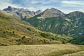Ubaye valley from the Col de Vars road (2110 m), towards Saint-Paul en Ubaye and Brec de Chambeyron (3390 m), Alpes de Haute Provence, France