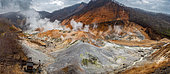 Panorama of the Jigokudani geothermal site, Noboribetsu, Hokkaido Island, Japan. Geothermal area known as "Jigokudani", the valley of hell, located in the center of Noboribetsu, a spa resort considered to be one of the most important in Japan (southeast of the island of Hokkaido).