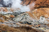 Jigokudani, Hell Valley, Noboribetsu, Hokkaido Island, Japan. Geothermal area known as "Jigokudani", Hell Valley. Boiling kettles, small geysers and other geothermal phenomena offer incredible colors on Hiyoriyama Mountain.