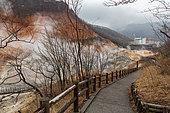 Jigokudani geothermal site, right in the center of Noboribetsu, Hokkaido Island, Japan. Noboribetsu, on the southeastern island of Hokkaido, is a spa town considered one of the most important in Japan. The town center is home to a geothermal zone known as "Jigokudani", the valley of hell.