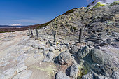 Zone délimitée du site de solfatares du volcan Iôzan, dans le parc national Akan, île de Hokkaïdo, Japon. La montagne soufrière de Iô-zan offre une activité intense : marmites de boue, fumerolles et cristallisations jaunâtres. Iôzan signifie littéralement « le soufre ». Il est possible de s’approcher de près des fumerolles de soufre jaune fluo s’échappant du sol