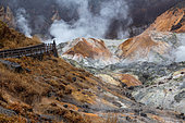 Jigokudani geothermal site, Noboribetsu, Hokkaido Island, Japan. Noboribetsu, on the southeastern island of Hokkaido, is a spa town considered one of the most important in Japan. The town center is home to a geothermal zone known as "Jigokudani", the valley of hell.