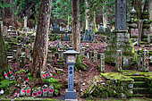 Okunoin Necropolis, Japan's largest cemetery, Mount Koya, Osaka, Japan. Okunoin Cemetery is Japan's largest cemetery. Over a distance of two kilometers, it encloses 200,000 tombstones. in the shade of centuries-old japan cedars
