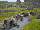 Jarlshof, an archaological site with buildings from the neolithic to the middle ages. Wheelhouses from the iron age. Europe, Northern Europe, Great Britain, Scotland