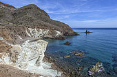 White Ignimbrites from Cala Rajada, in the Cabo de Gata Geopark, Andalusia. Welded pumice and lapilli from pyroclastic flows (approx. 10 Ma). In the background, Cerro de la Vela Blanca and Arrecife del Dedo are formed of manganese-rich dark andesite. Cabo de Gata volcanic complex (Geopark)