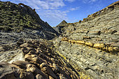 Flysch in the Tabernas Desert, Andalusia (Spain). Barranco del infierno - Alternating sandstones and marls deposited in the Miocene ( - 8 Ma) in a sedimentary basin at the foot of the Sierra Nevada, then folded and straightened by recent tectonics. The arid climate of the Tabernas makes it Europe's only desert, expanding as a result of the increasing drought in southern Spain.