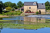 Cyprien flour mill with a wooden wheel that turns with the river Sarthe, Village of Fillè sur Sarthe, Pays de la Loire, France