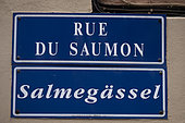 Rue du Saumon, street sign, in French and Alsatian, Strasbourg, Bas-Rhin, France