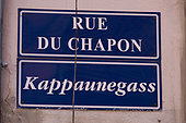 Rue du Chapon, street sign, in French and Alsatian, Strasbourg, Bas-Rhin, France