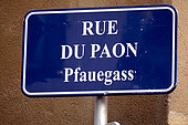 Rue du Paon, street sign, in French and Alsatian, Strasbourg, Bas-Rhin, France