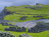 The old seasonal Haaf Fishing Station in Fethaland, North Roe, Shetland Islands. Haaf Fishing with open fishing boats called sixern or sixereen was once a main income for Shetland. Europe, Great Britain, Scotland, Shetland Islands