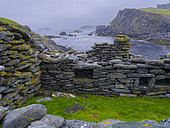 The old seasonal Haaf Fishing Station in Fethaland, North Roe, Shetland Islands. Haaf Fishing with open fishing boats called sixern or sixereen was once a main income for Shetland. Europe, Great Britain, Scotland, Shetland Islands