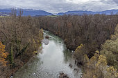 Aerial view in winter of the Chéran river, contaminated with PFOA according to the TAUW report in Rumilly, France. Illustration of PFOA pollution caused by the Tefal factories belonging to the SEB group.