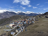 Aerial view made using a drone of the village of Notre Dame du Pré where the village ski resort has been closed at the end of winter 2024 due to lack of snow due to climate change in Savoie in Notre Dame du Pré, France.