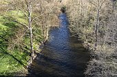 Top view of the river Allier at the bridge at Saint-Arcons-d'Allier, France.