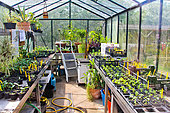 Interior of the Arche de la Nature gardeners' greenhouse, where you sow, plant and take cuttings for your vegetable garden, Le Mans, Sarthe, France