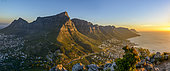 Panoramic view of the iconic Table Mountain and the Twelve Apostles (a UNESCO site) from Lion's Head. Cape Town, Western Cape, South African.