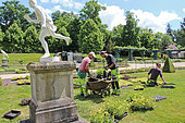 Gardeners planting flower seedlings at the Jardin des Plantes, 14,000 seedlings needed per year, Le Mans, Sarthe, France