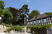 Courtyard overlooking terraced garden, Musée de la Folie Marco, Barr, Bas-Rhin, France,