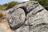 Unfinished millstone. The Annunziata hiking trail leads to a beautiful Genoese bridge and an unfinished millstone. Haute-Corse, France