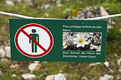 Prohibition sign to protect the flora of the site, Creux du Van, Switzerland