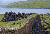 Traditional peat cutting, peat is still used as fuel for fireplaces, at Ronas Voe, Shetland Islands. Europe, Great Britain, Scotland, Northern Isles,summer